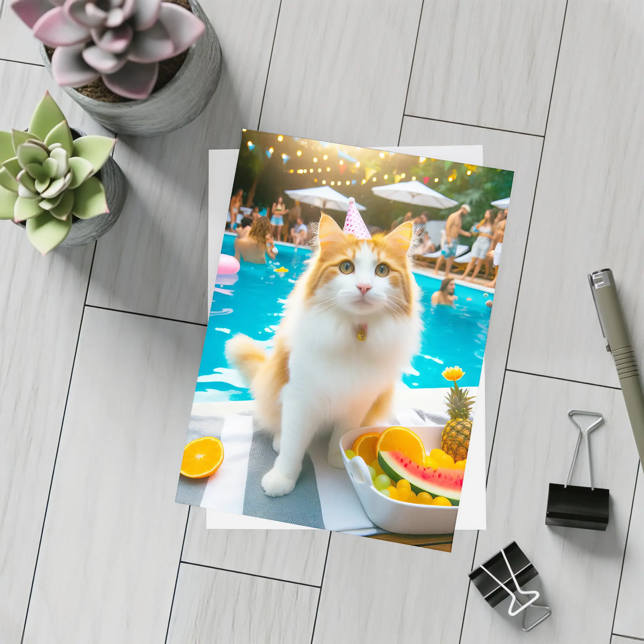 Orange White Cat Pool Party Summer – Postcards