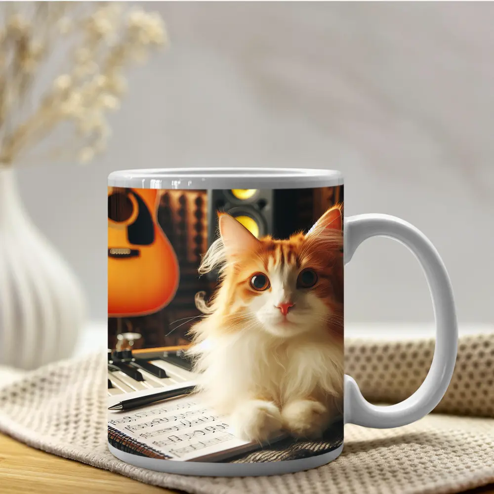 Orange Cat Relaxing in Music Studio – Mugs