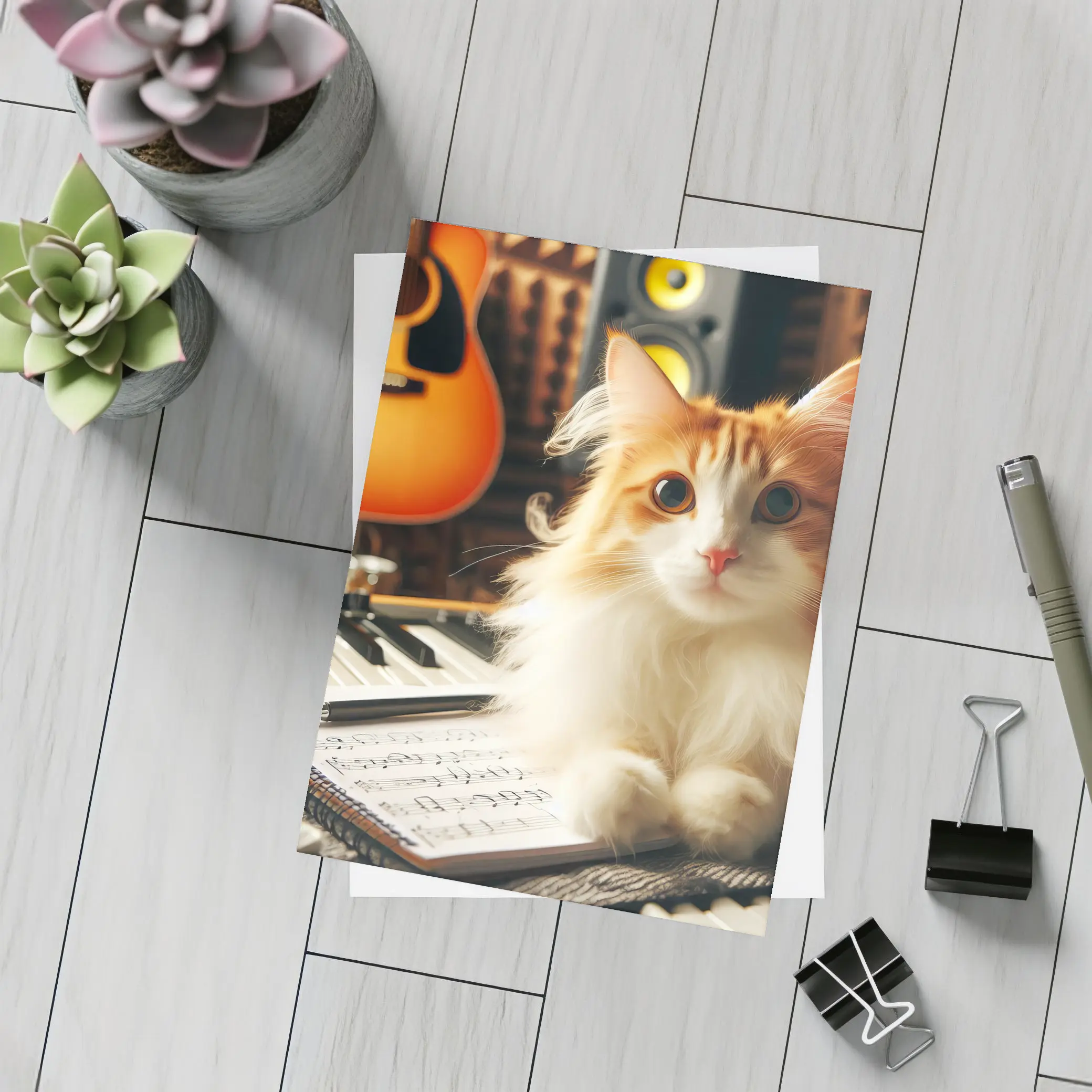 Orange Cat Relaxing in Music Studio – Postcards