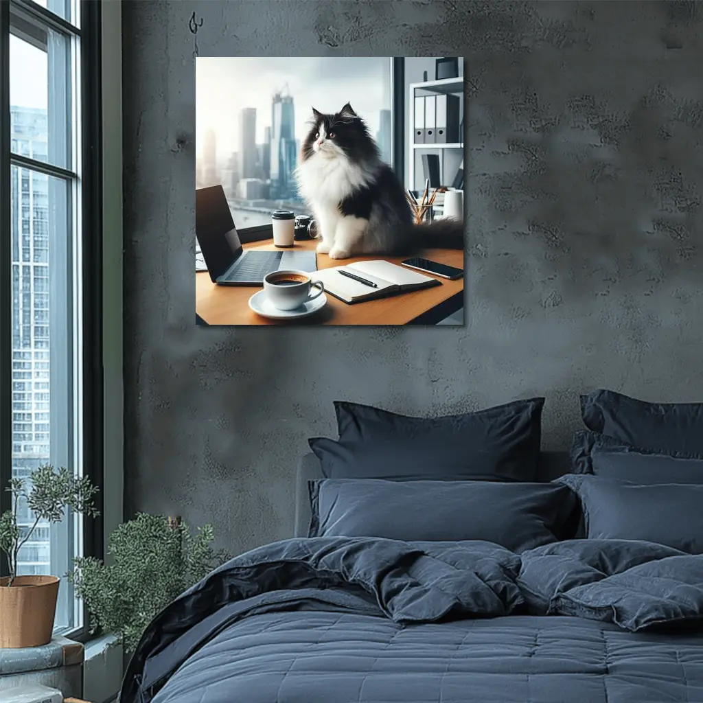 Black White Persian Cat Office City View – Wall Art