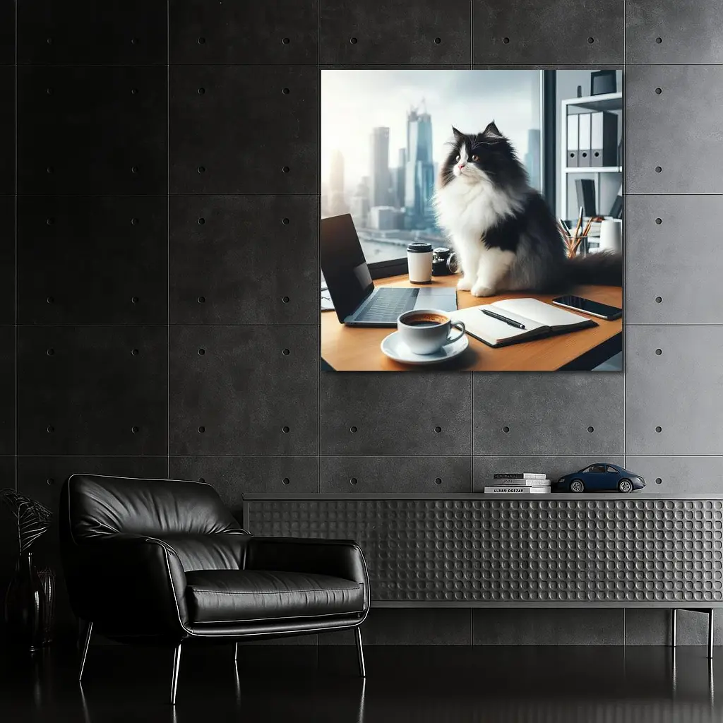 Black White Persian Cat Office City View – Wall Art