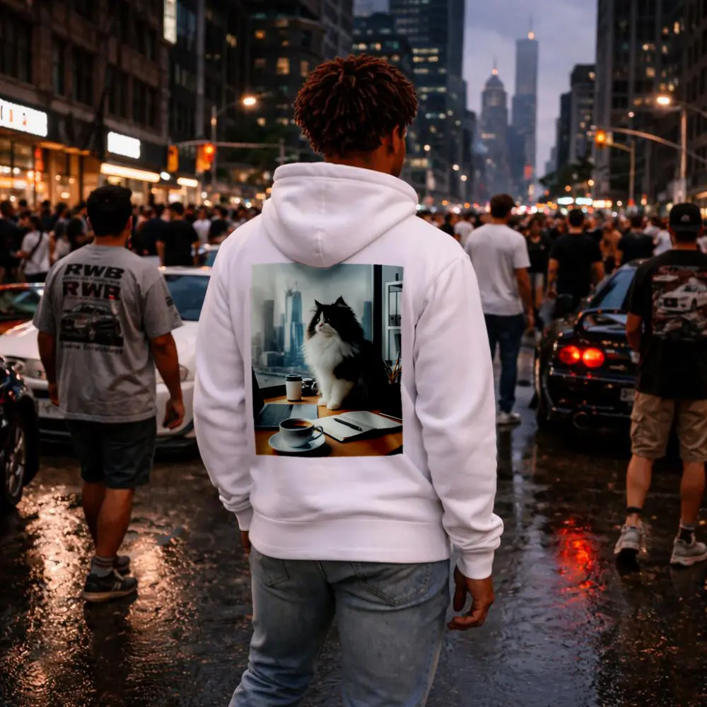 Black White Persian Cat Office City View – Hoodies