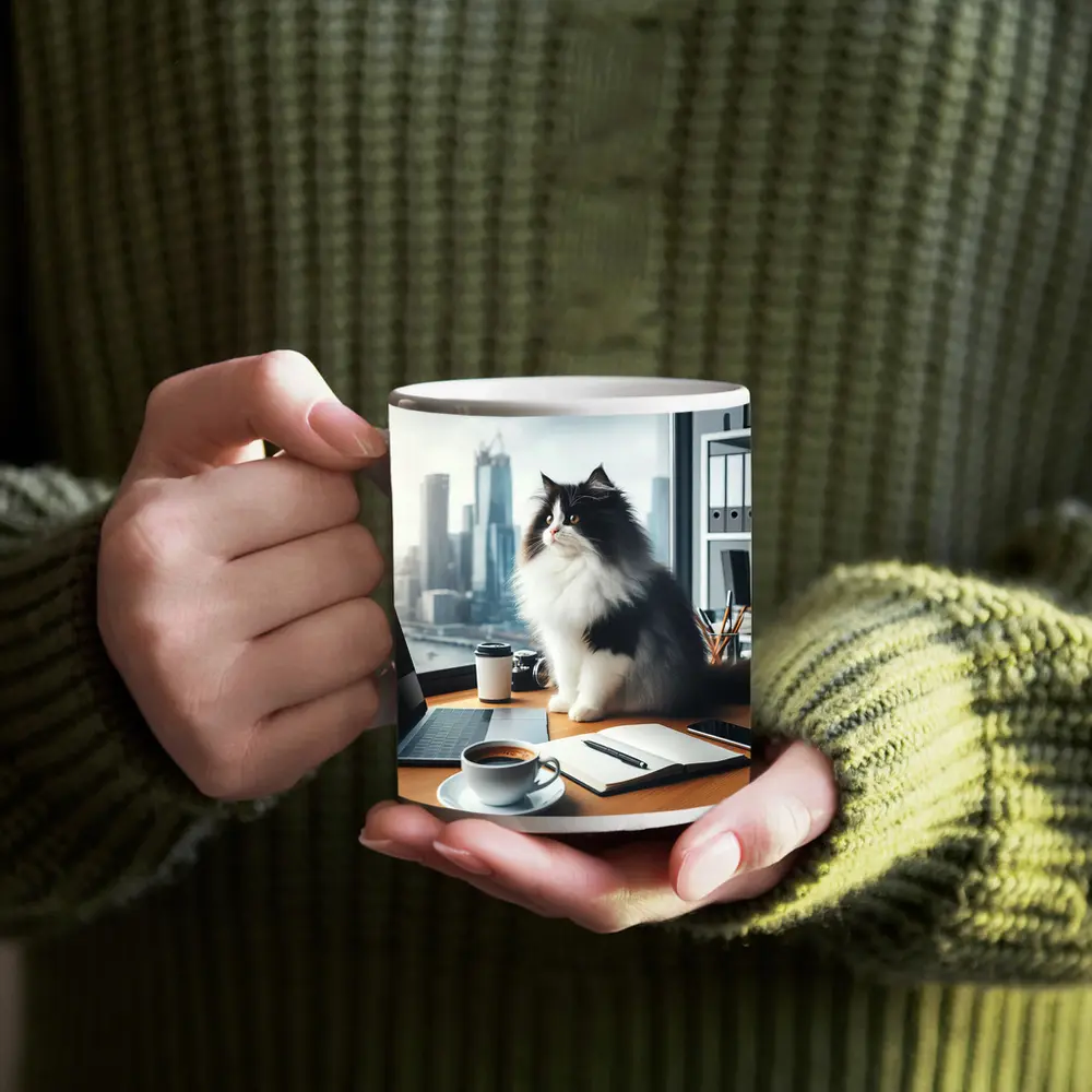 Black White Persian Cat Office City View – Mugs