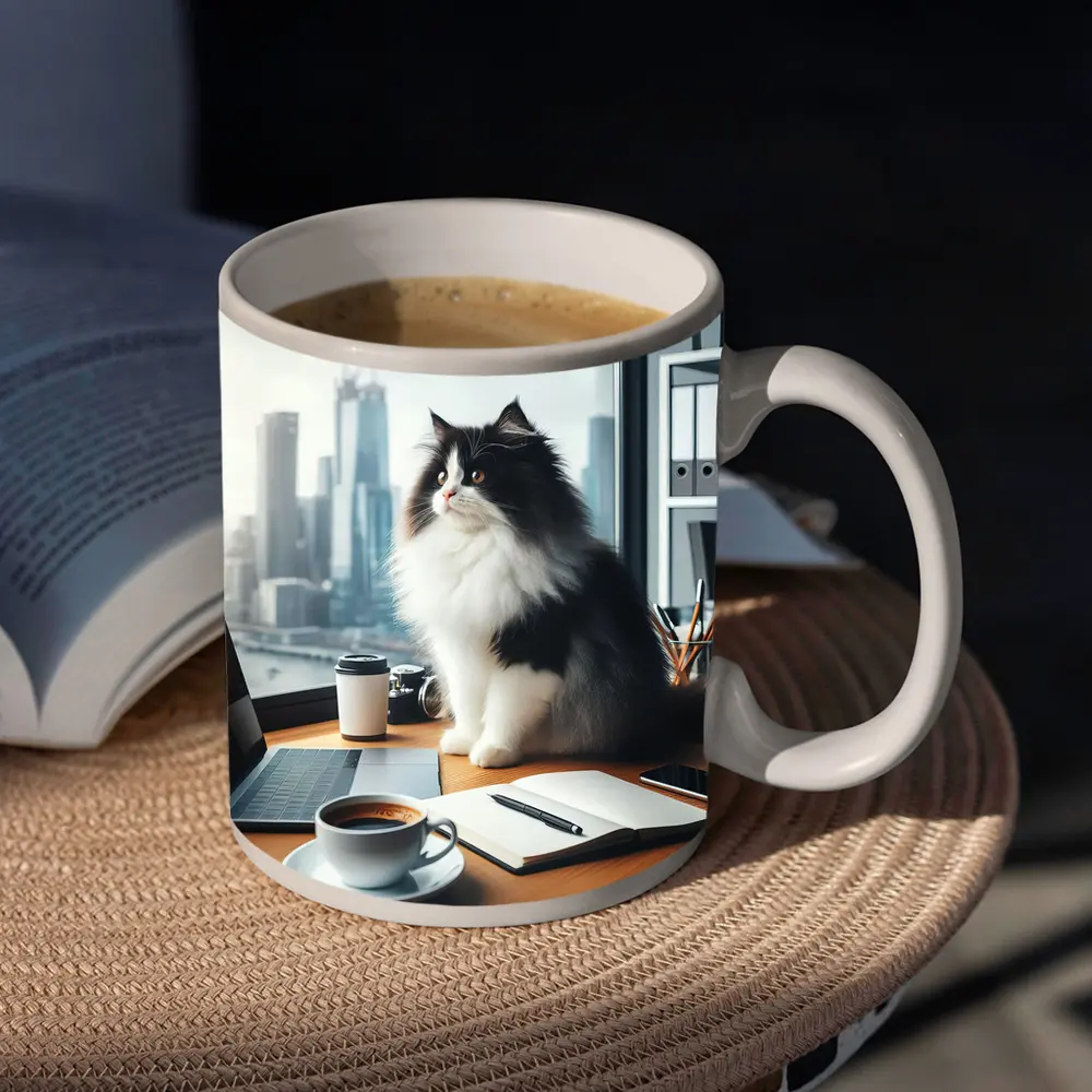 Black White Persian Cat Office City View – Mugs