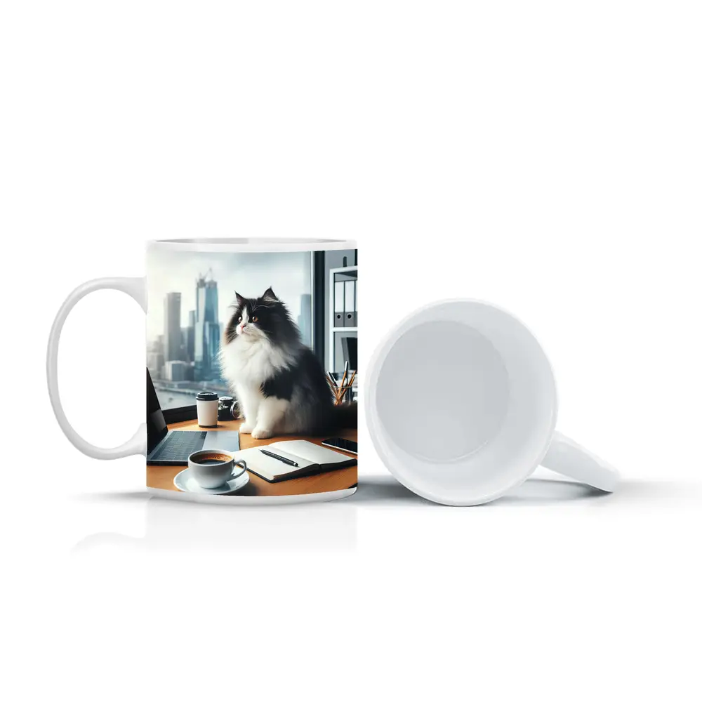 Black White Persian Cat Office City View – Mugs