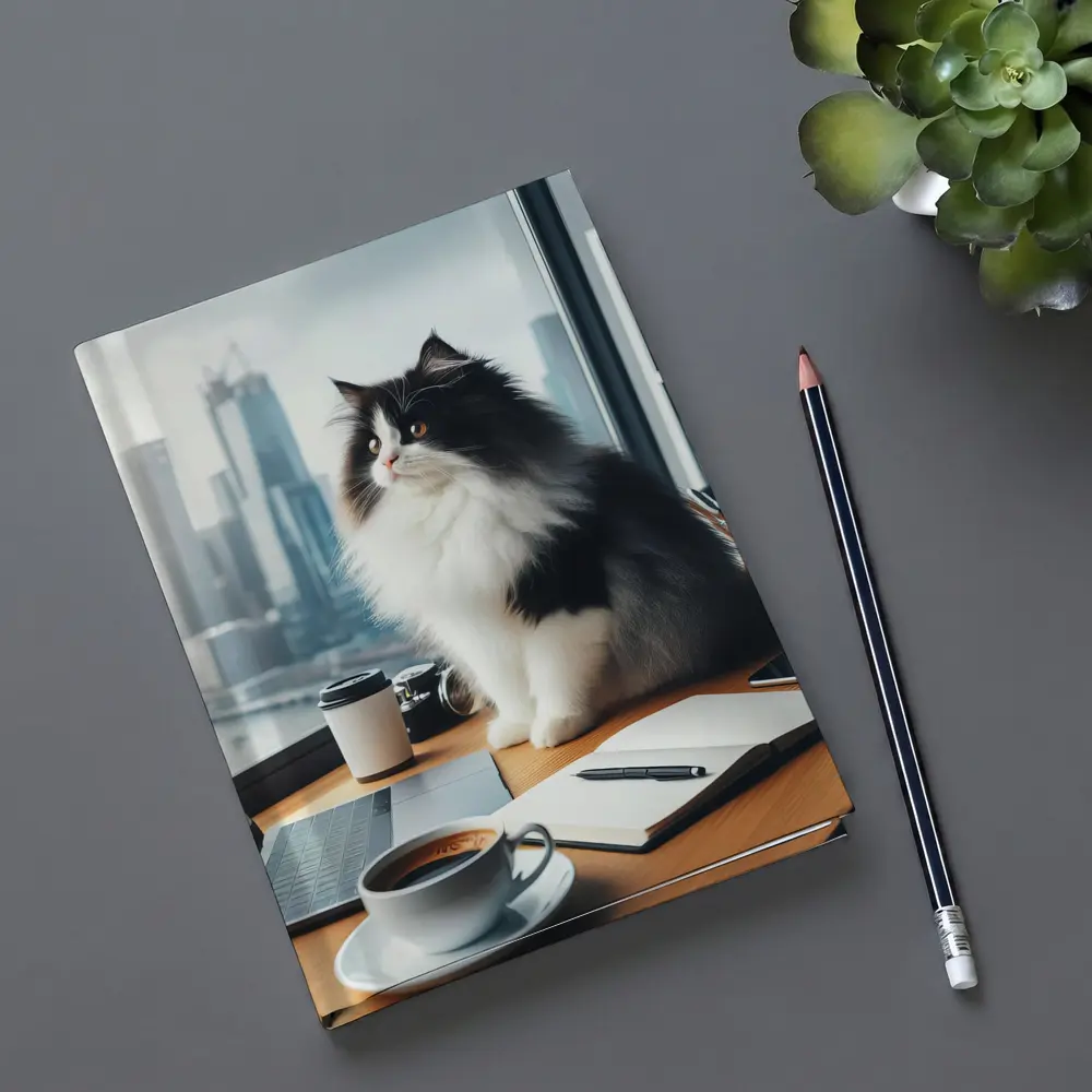Black White Persian Cat Office City View – Notebooks