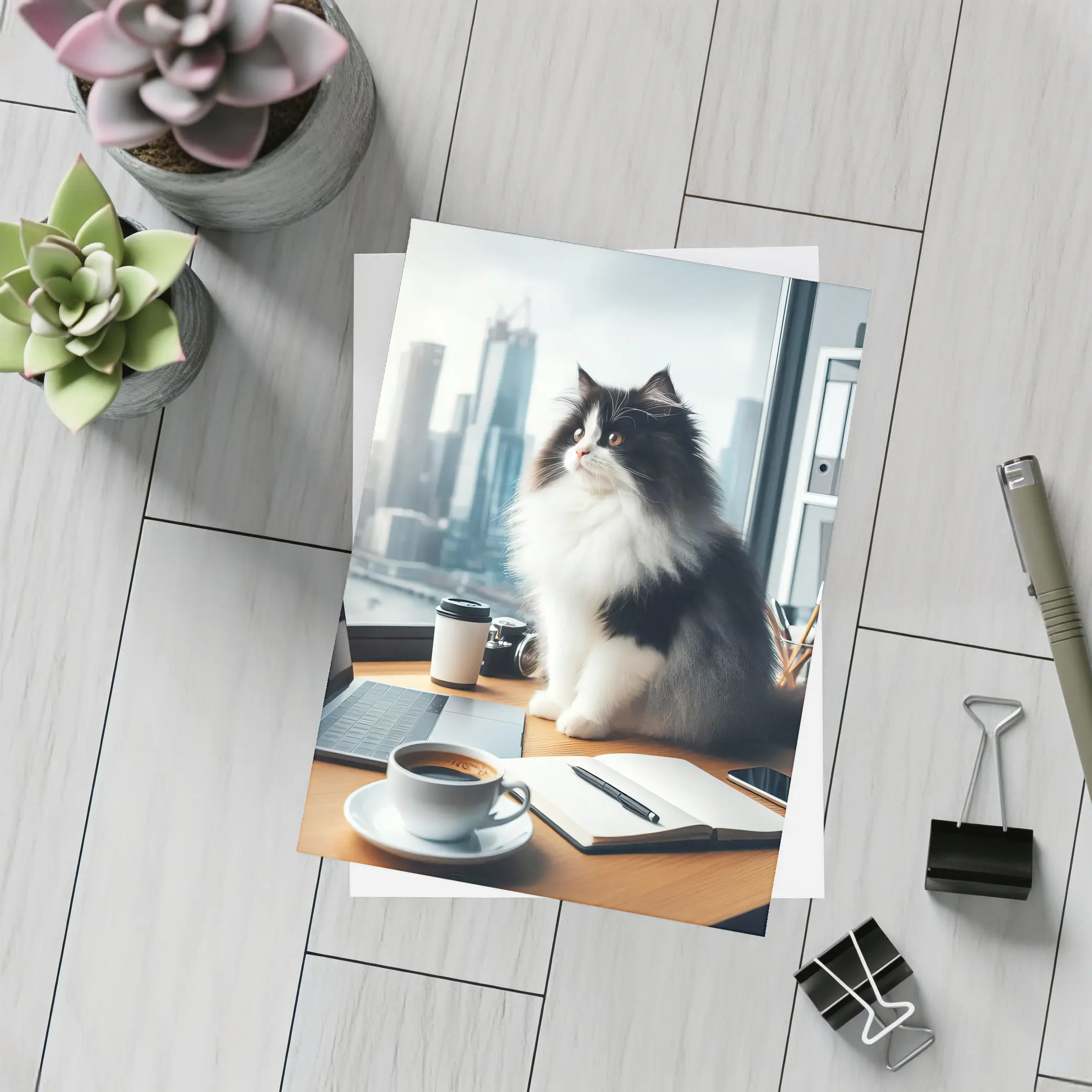 Black White Persian Cat Office City View – Postcards