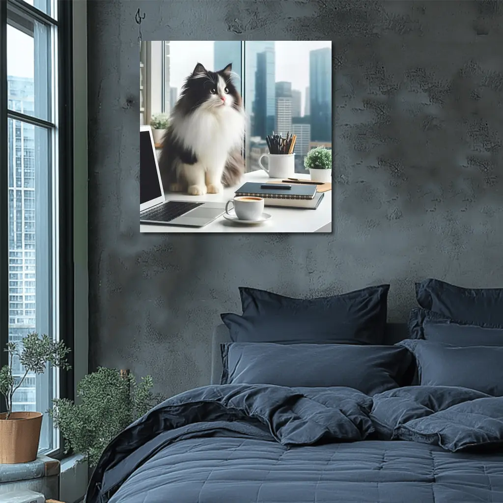 Fluffy Black White Cat City Office Desk – Wall Art