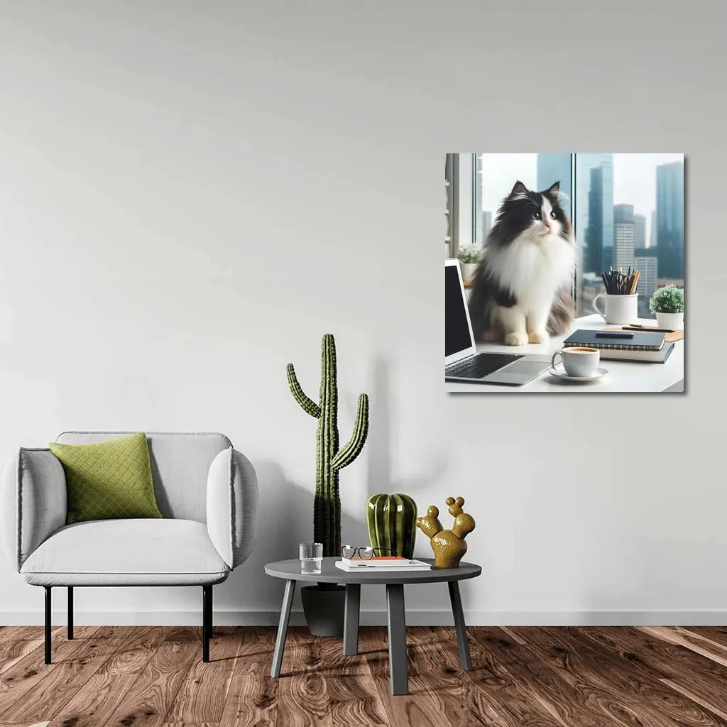 Fluffy Black White Cat City Office Desk – Wall Art