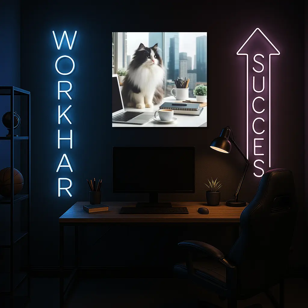 Fluffy Black White Cat City Office Desk – Wall Art
