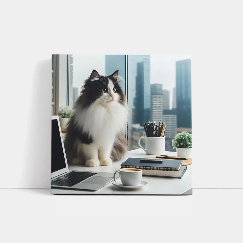 Fluffy Black White Cat City Office Desk – Wall Art
