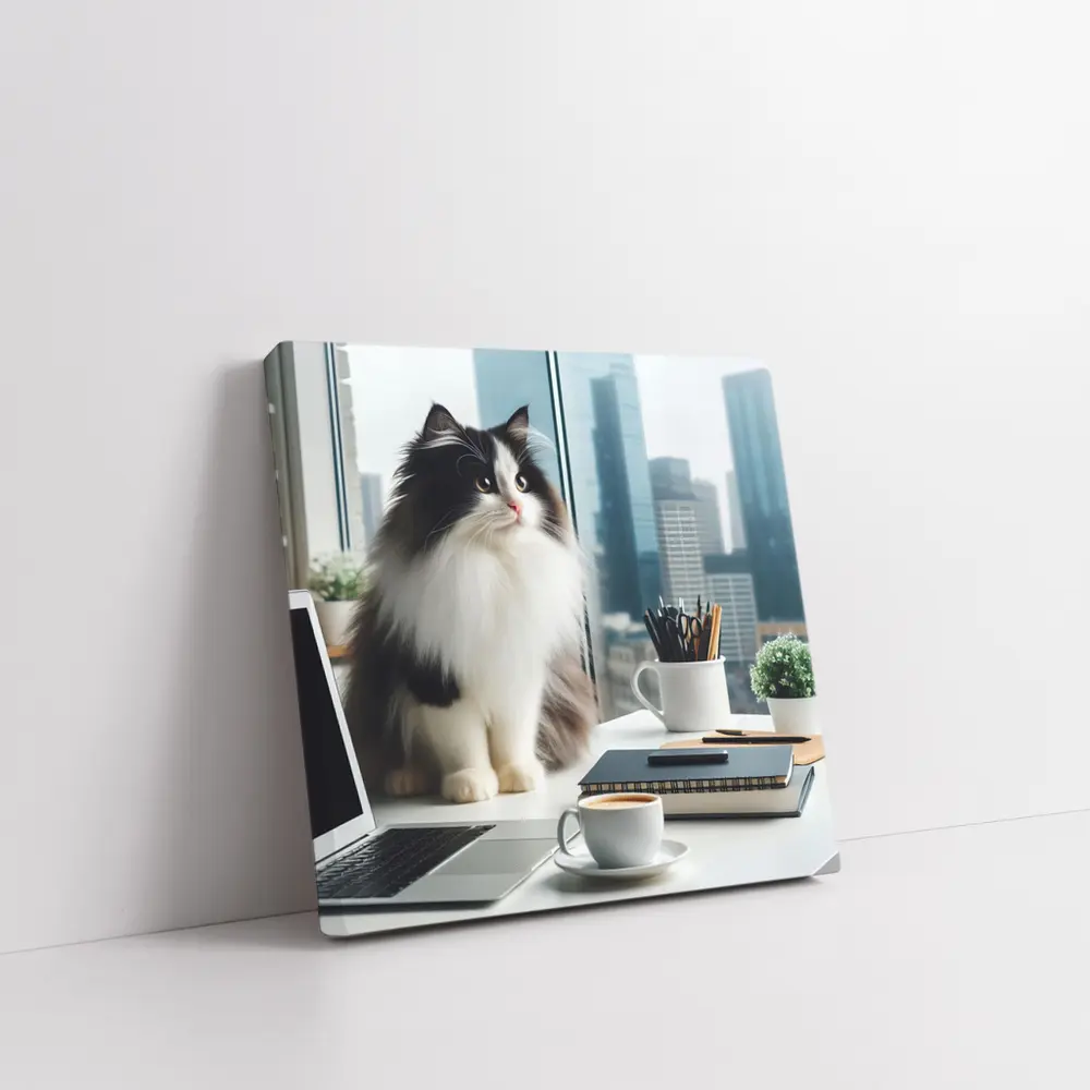Fluffy Black White Cat City Office Desk – Wall Art