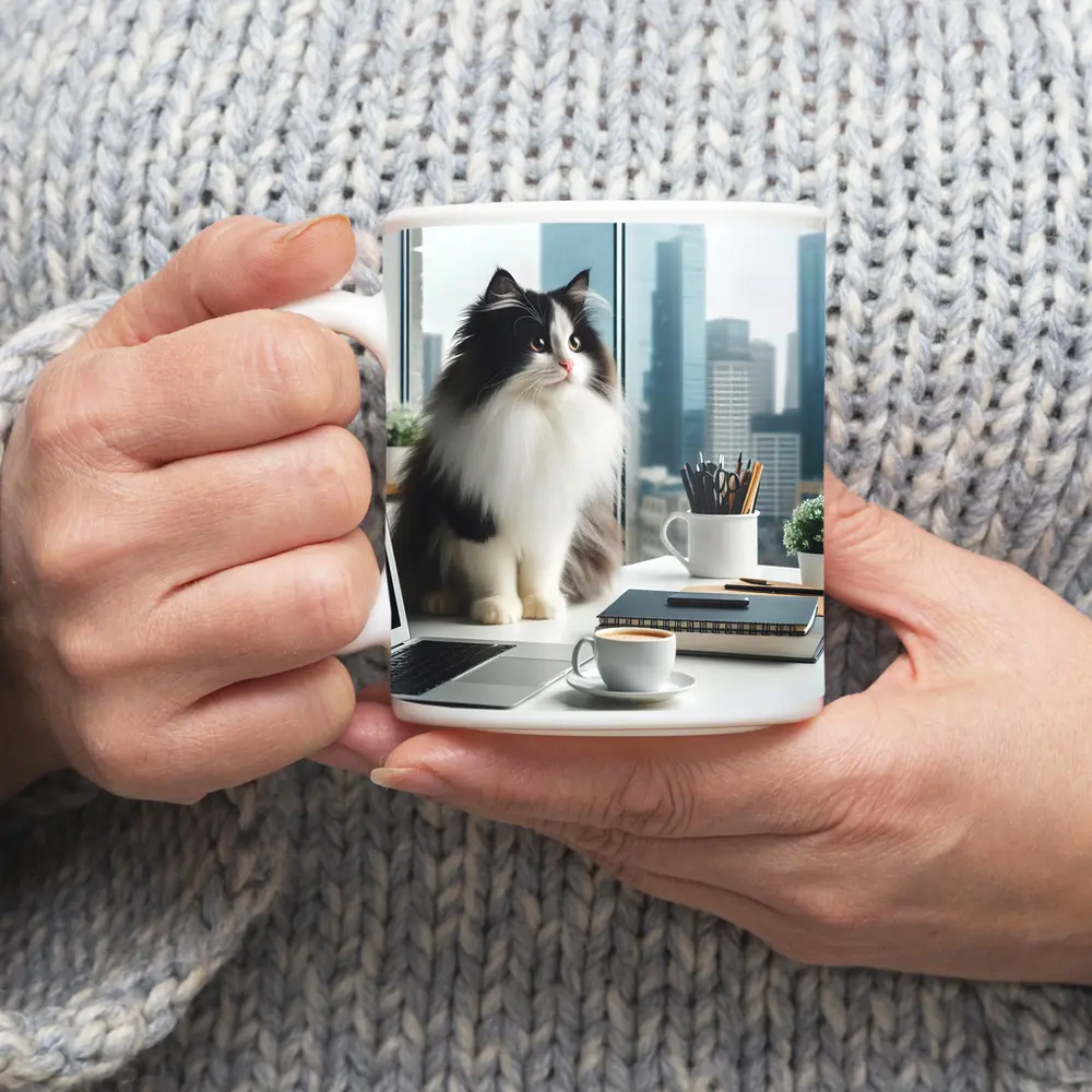 Fluffy Black White Cat City Office Desk – Mugs