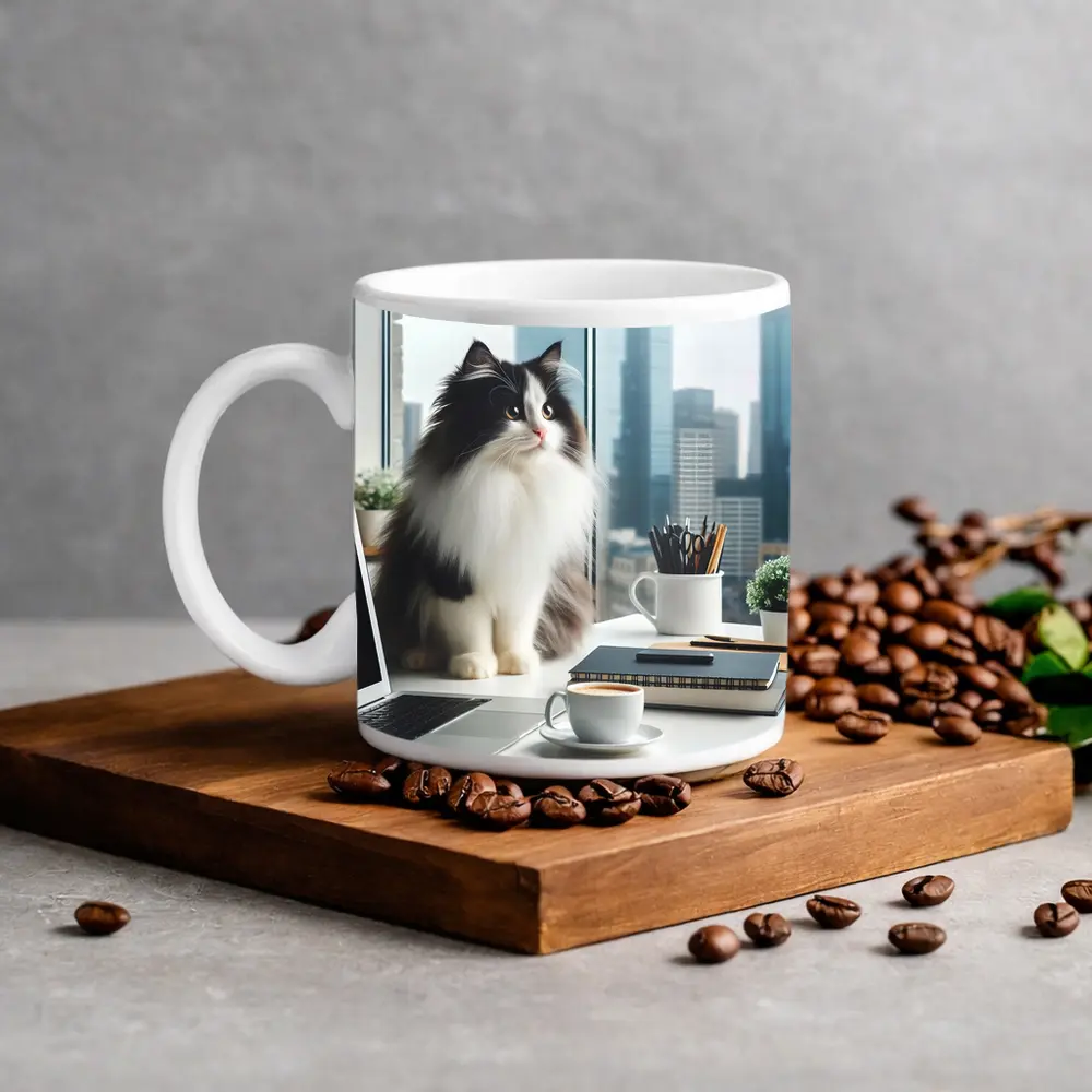Fluffy Black White Cat City Office Desk – Mugs