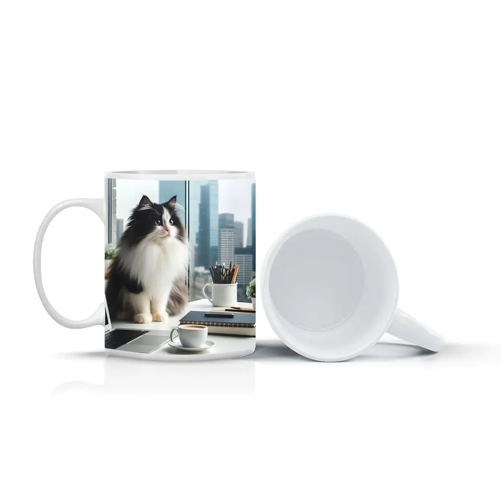 Fluffy Black White Cat City Office Desk – Mugs