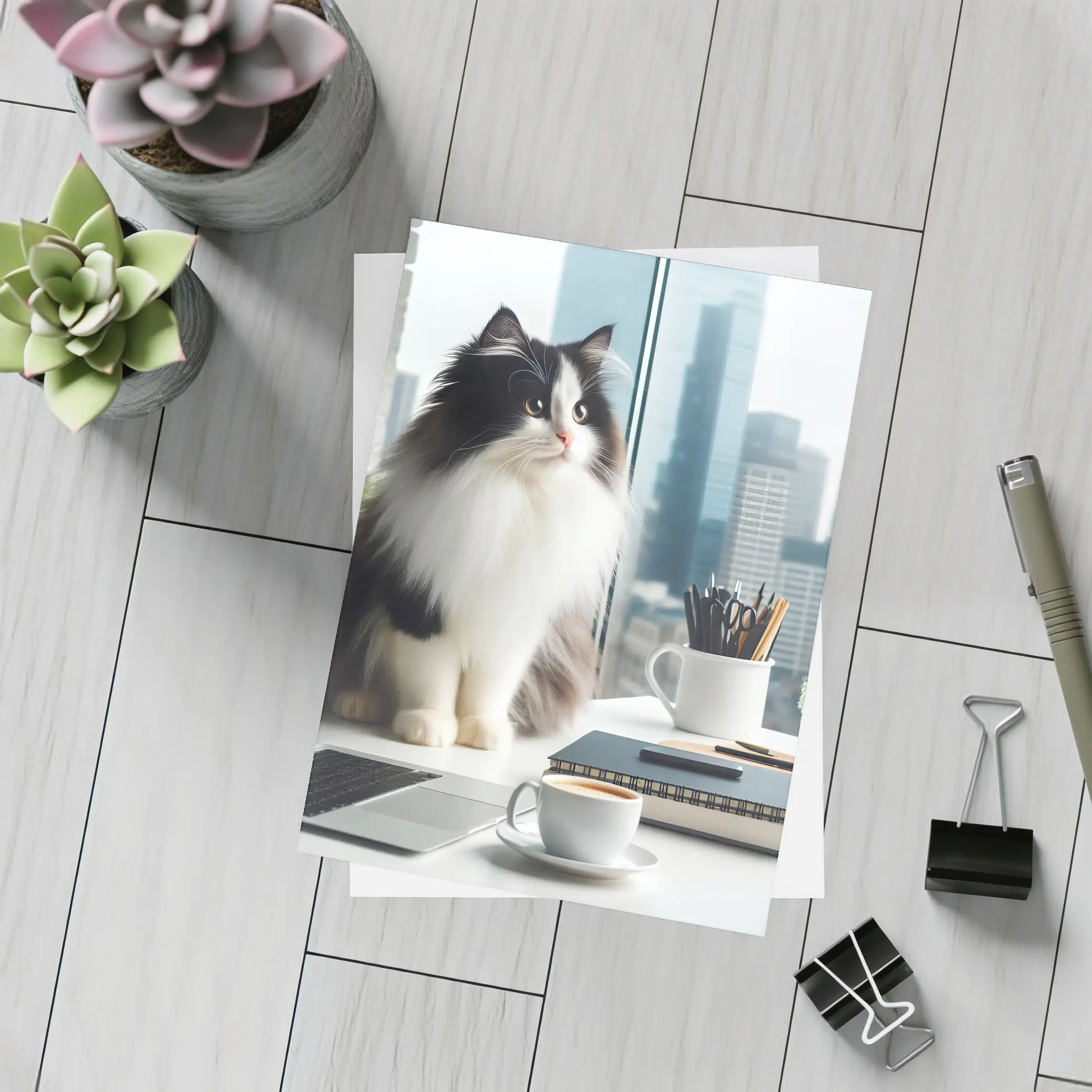 Fluffy Black White Cat City Office Desk – Postcards
