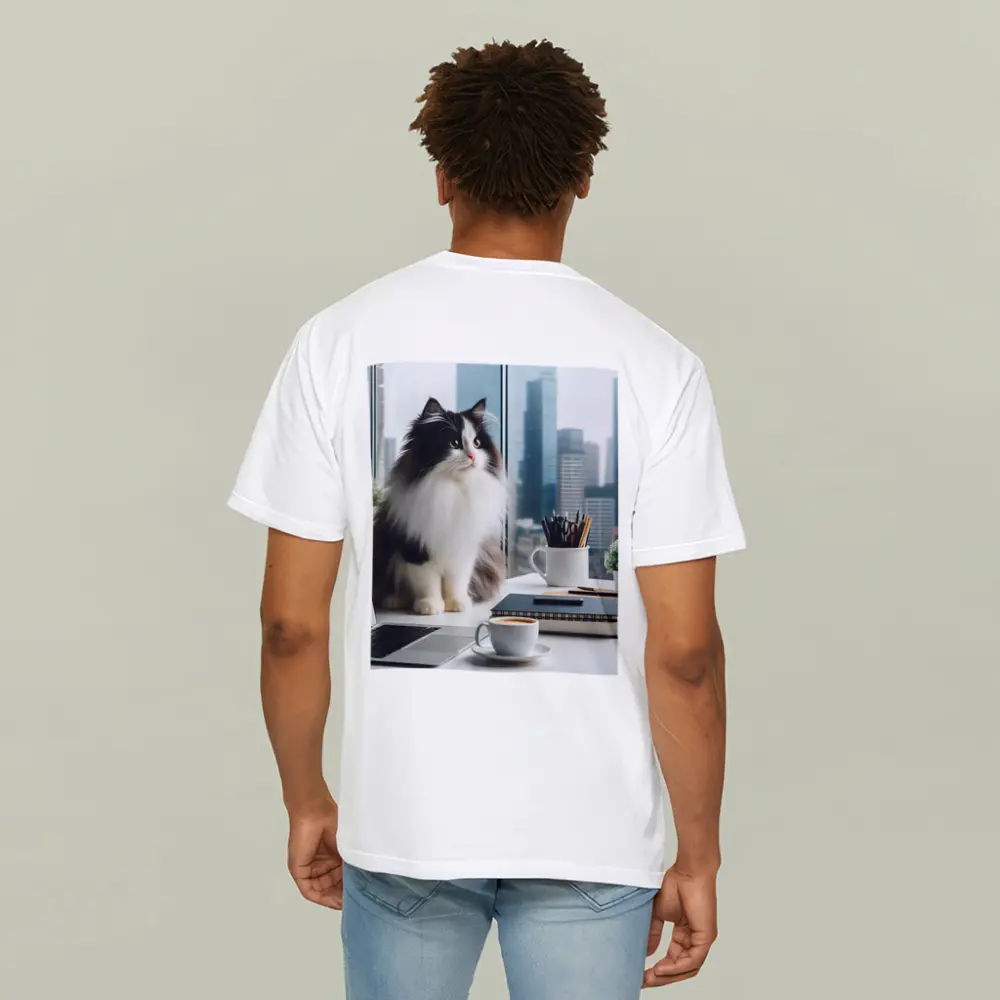 Fluffy Black White Cat City Office Desk – T-Shirts