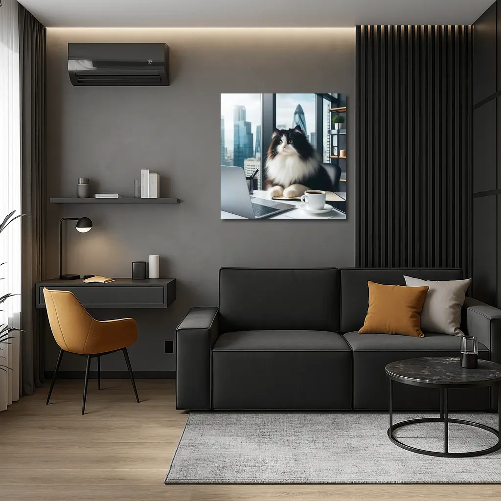 Fluffy Black White Cat City Office – Wall Art