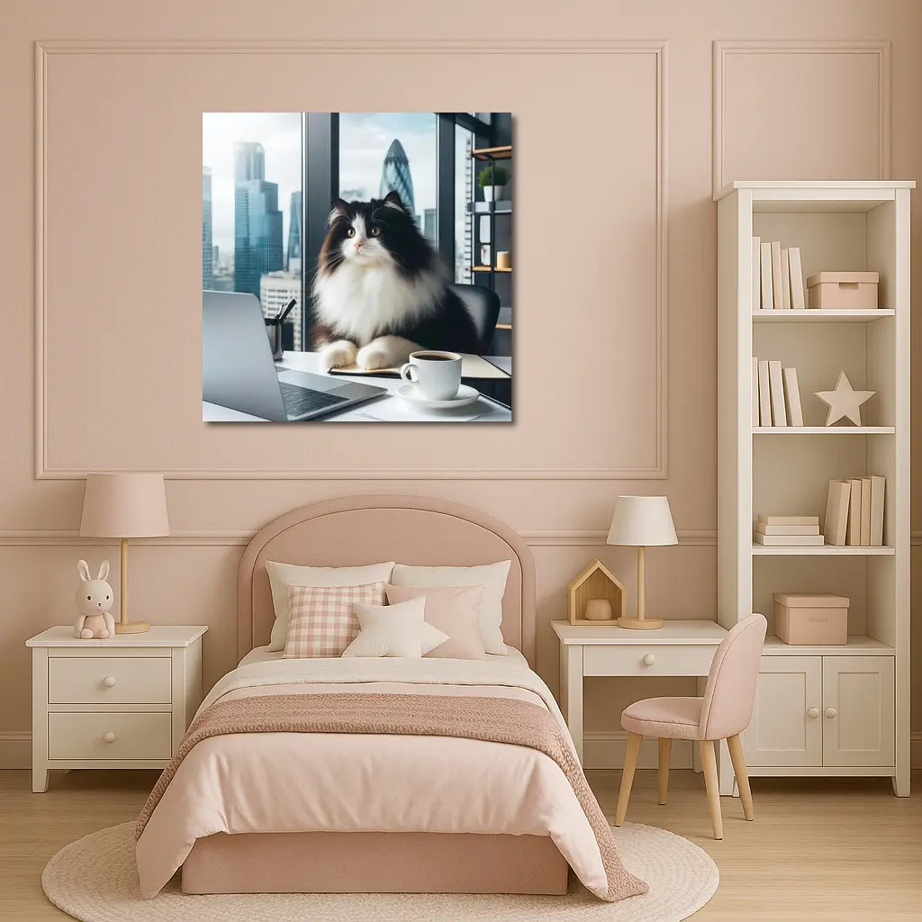 Fluffy Black White Cat City Office – Wall Art