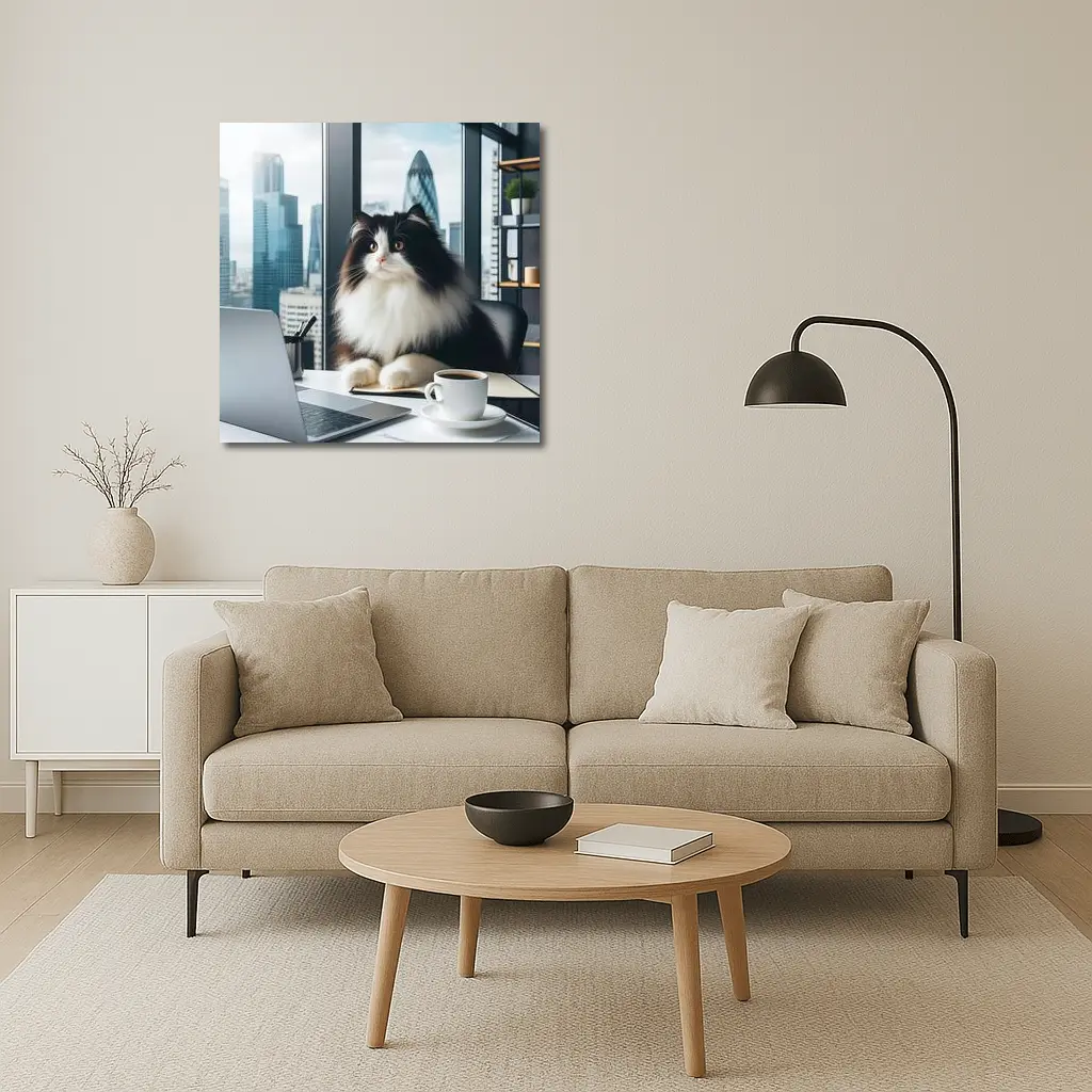 Fluffy Black White Cat City Office – Wall Art