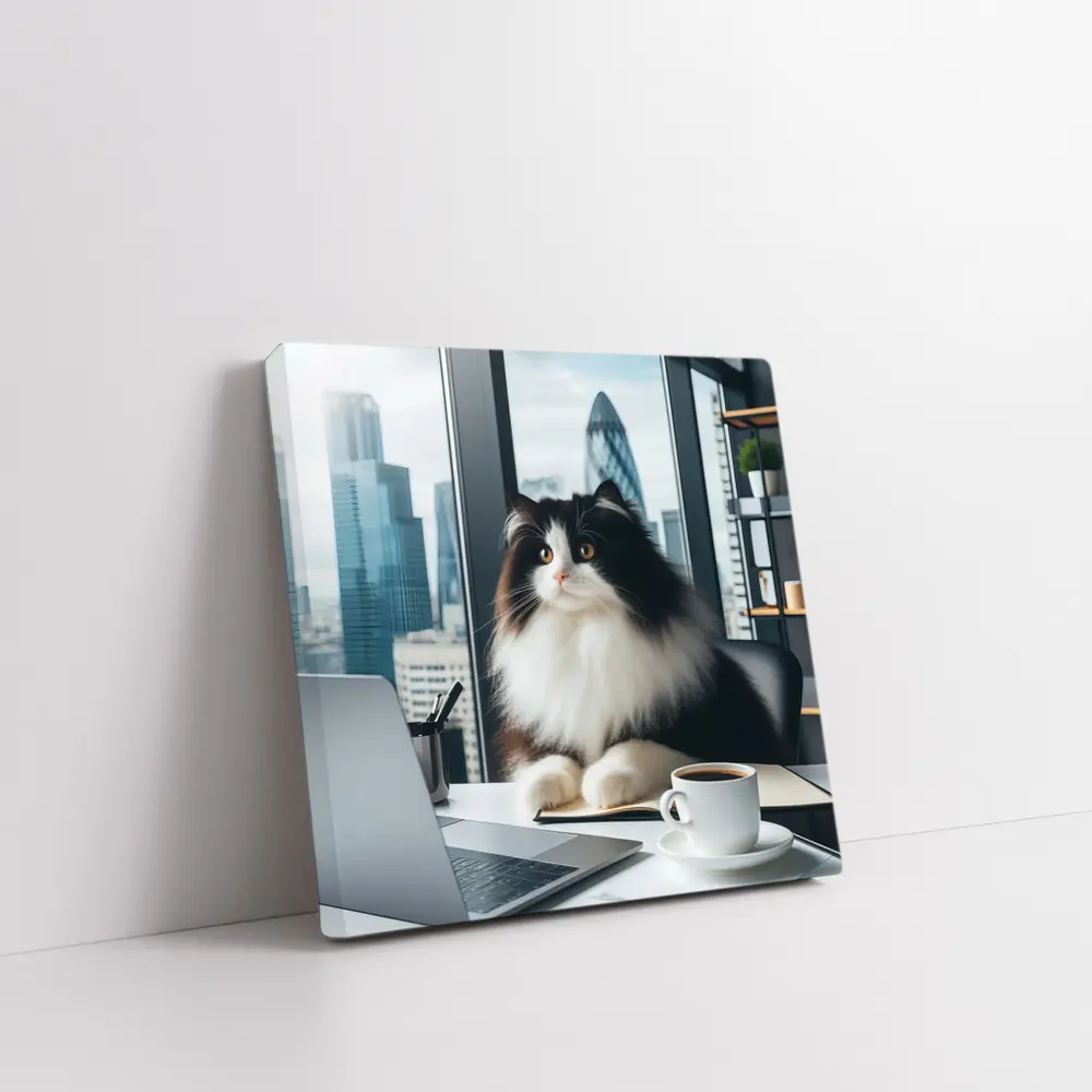 Fluffy Black White Cat City Office – Wall Art