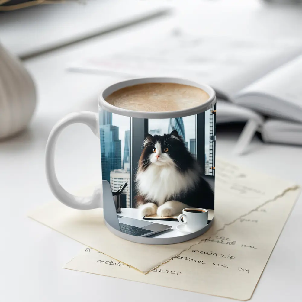 Fluffy Black White Cat City Office – Mugs