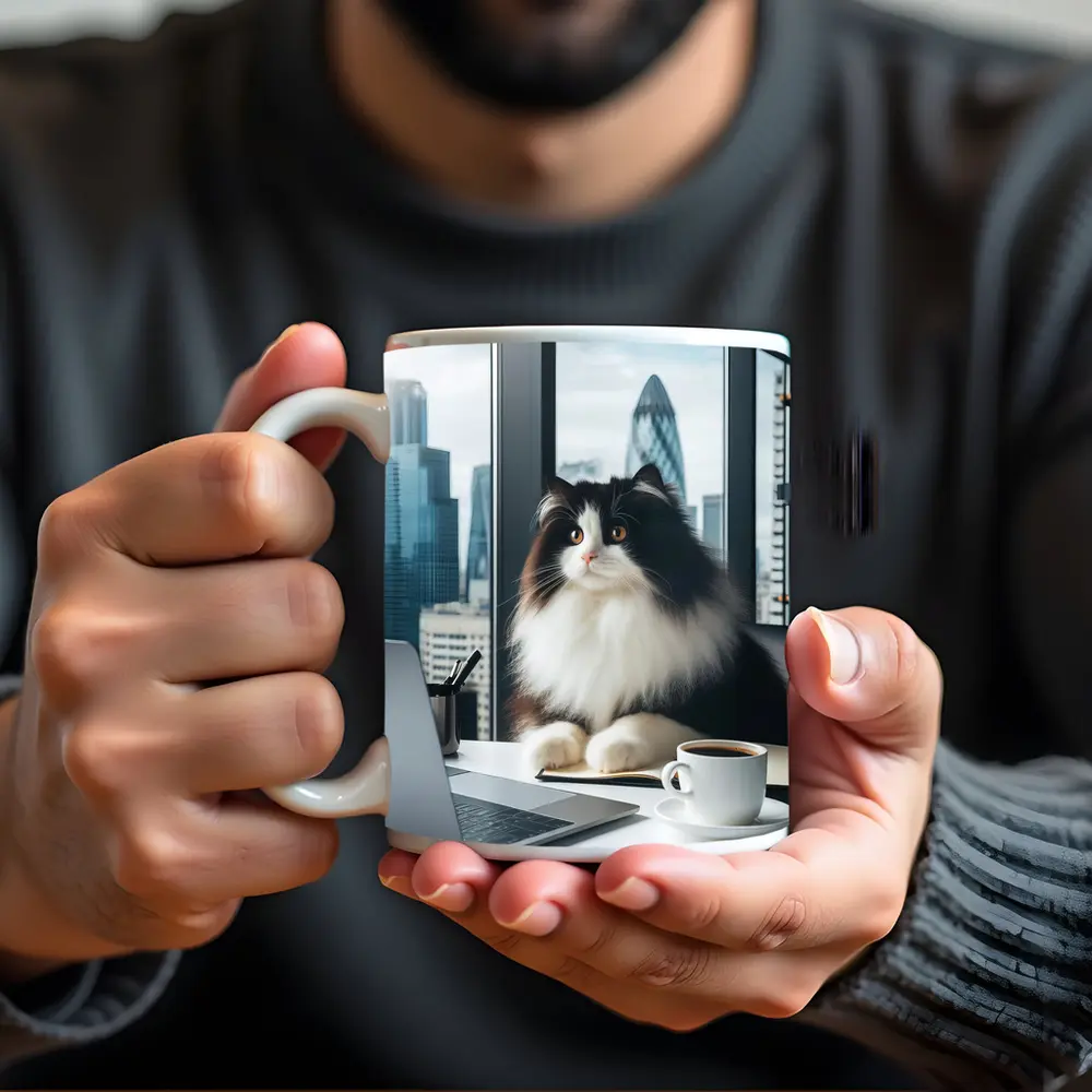 Fluffy Black White Cat City Office – Mugs