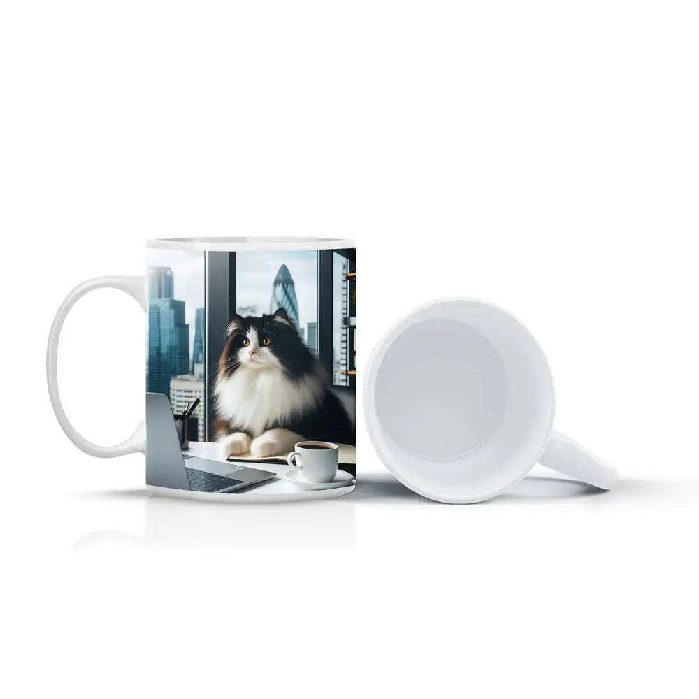 Fluffy Black White Cat City Office – Mugs