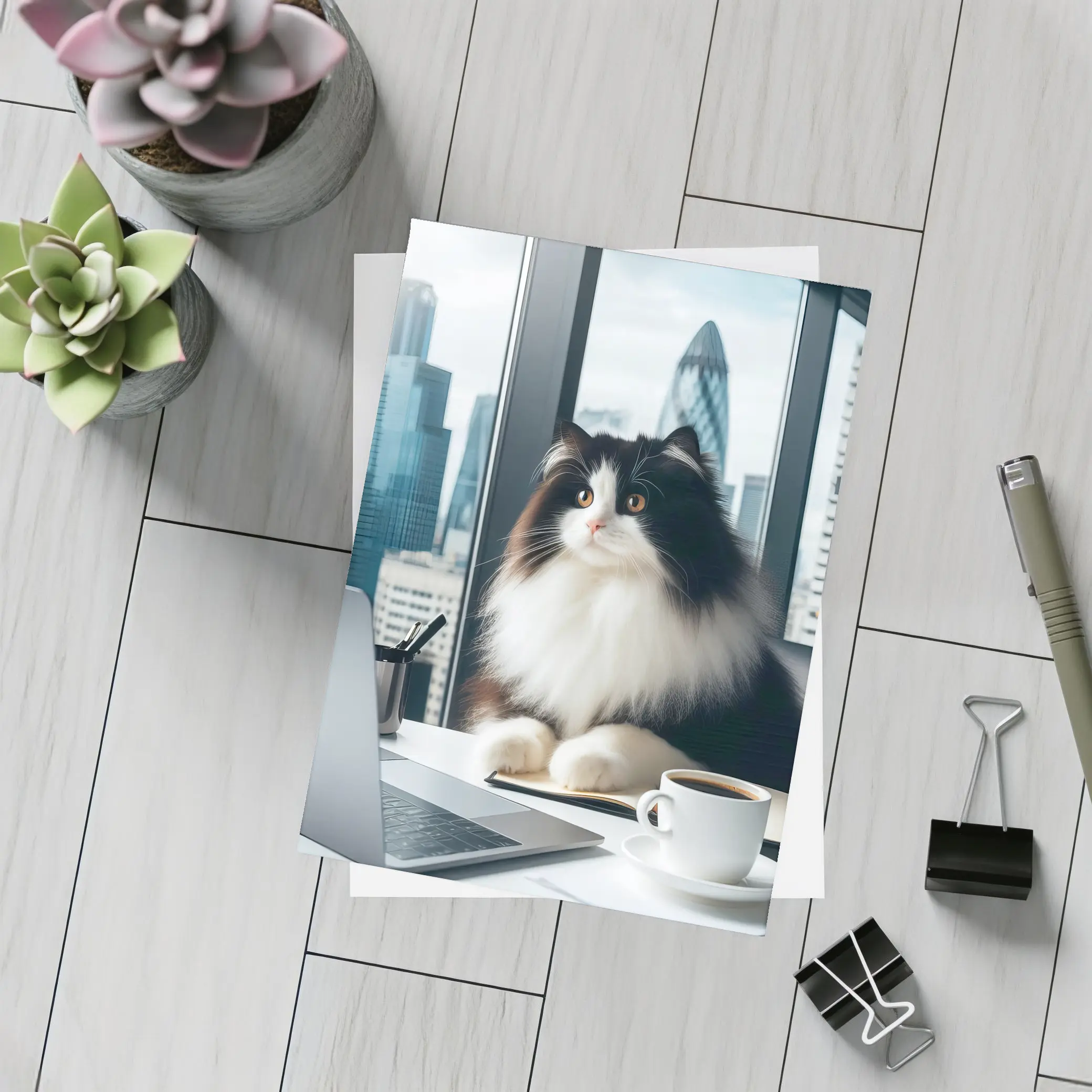 Fluffy Black White Cat City Office – Postcards