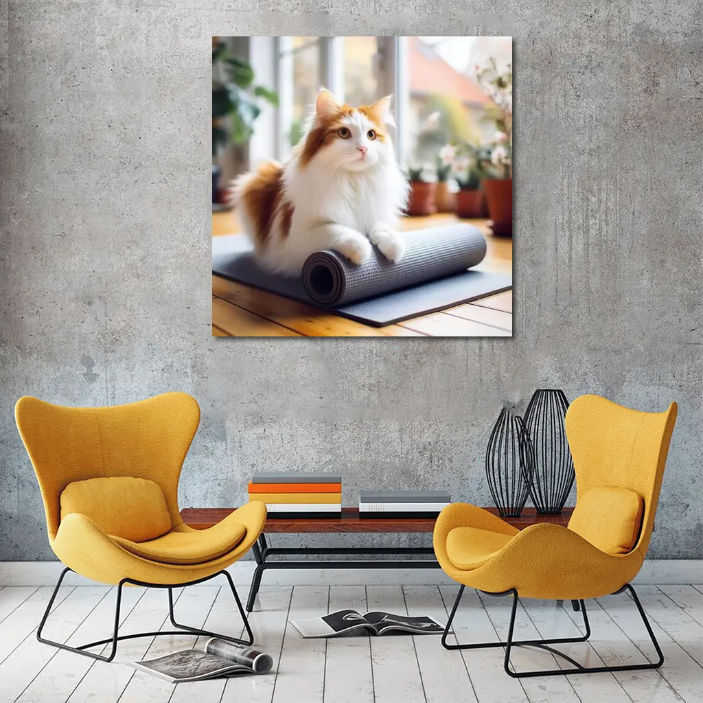 Fluffy Cat Resting on Yoga Mat – Wall Art
