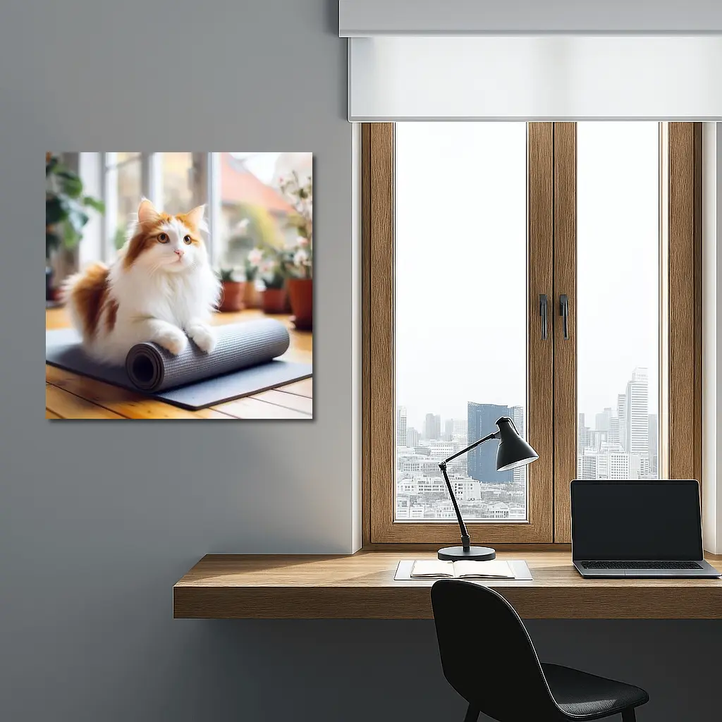 Fluffy Cat Resting on Yoga Mat – Wall Art