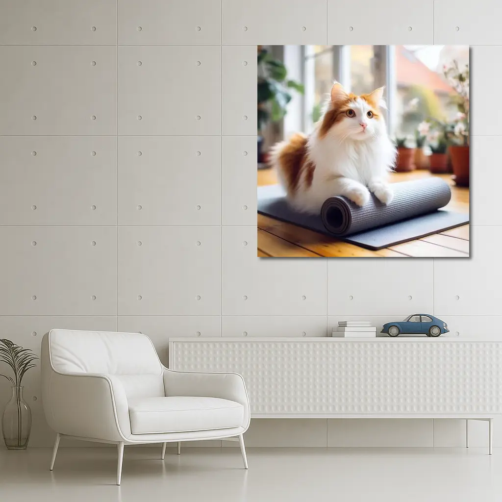 Fluffy Cat Resting on Yoga Mat – Wall Art