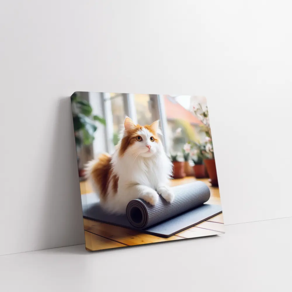 Fluffy Cat Resting on Yoga Mat – Wall Art
