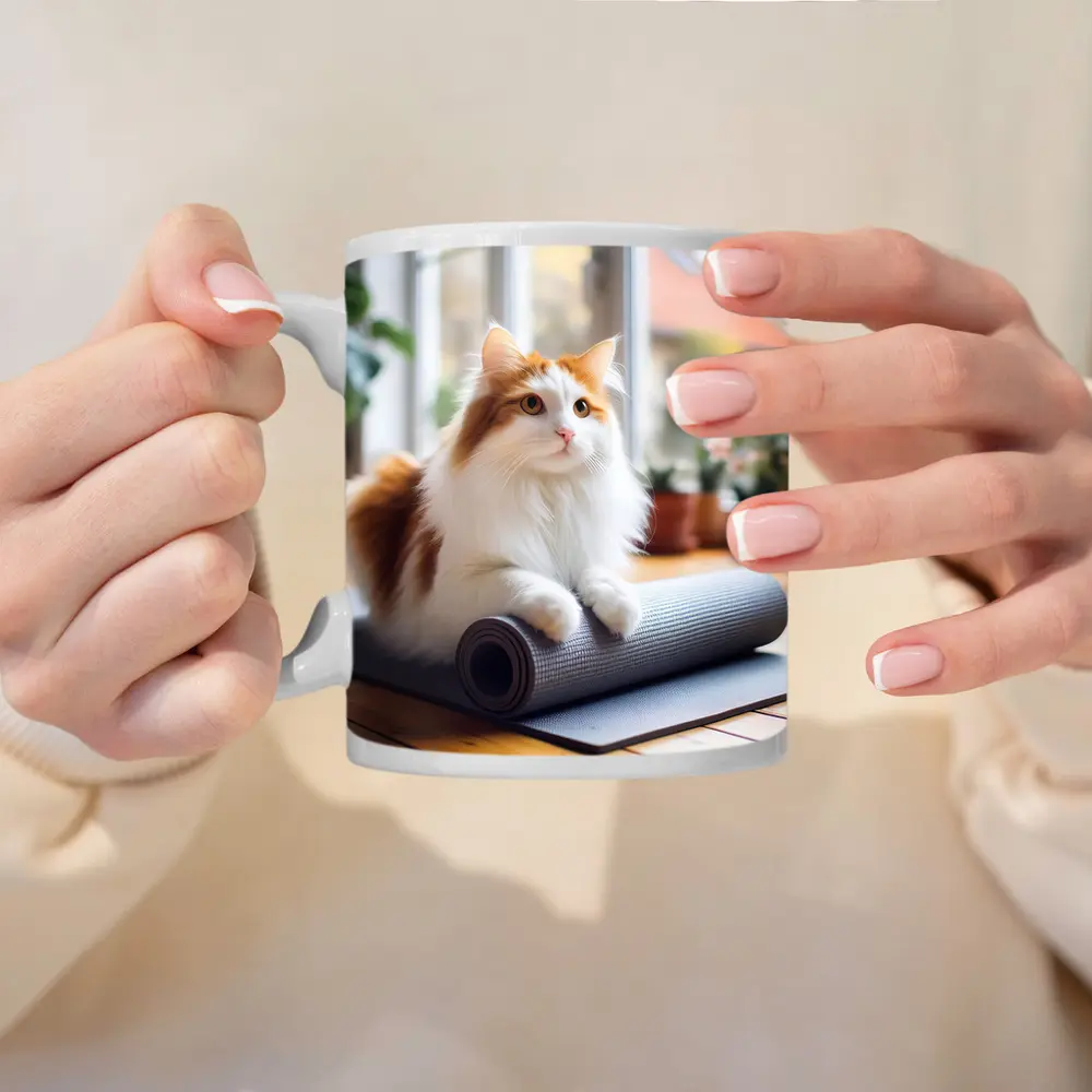 Fluffy Cat Resting on Yoga Mat – Mugs
