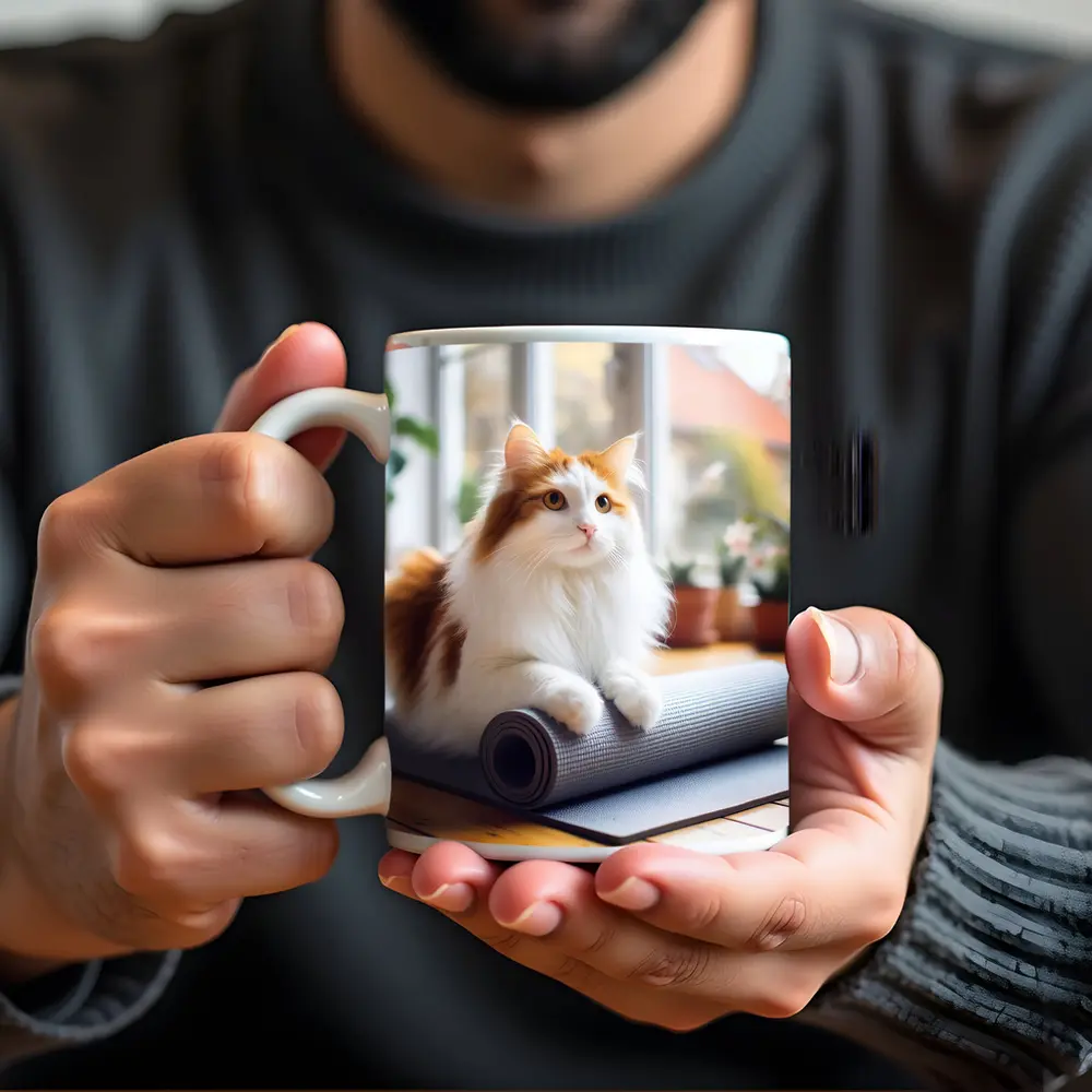 Fluffy Cat Resting on Yoga Mat – Mugs
