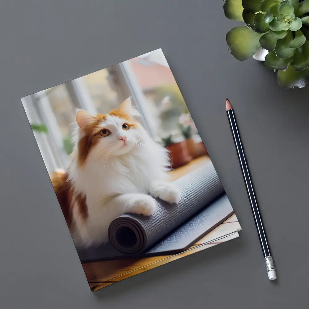 Fluffy Cat Resting on Yoga Mat – Notebooks