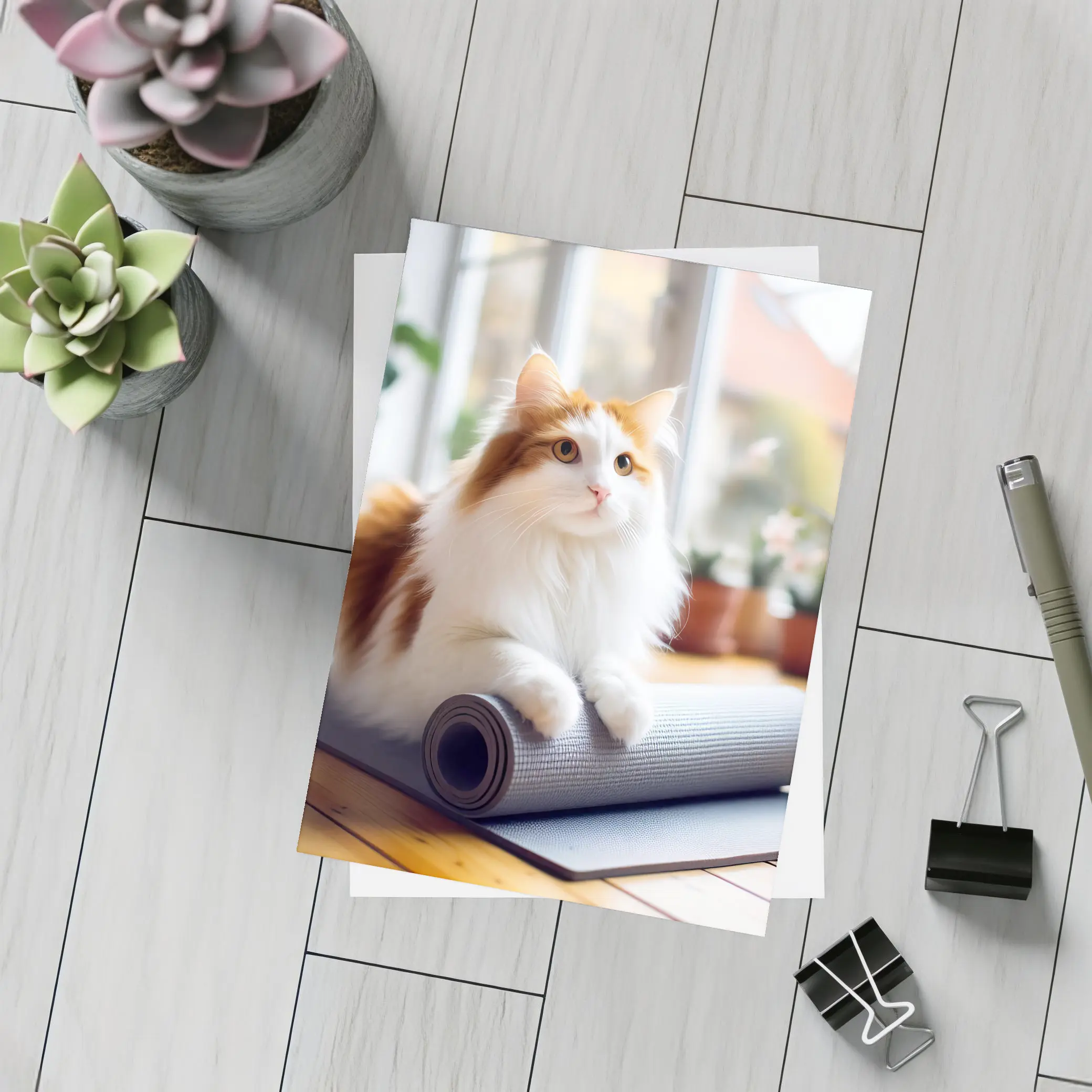 Fluffy Cat Resting on Yoga Mat – Postcards