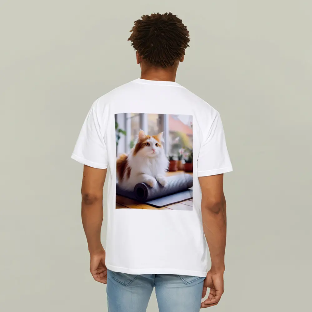 Fluffy Cat Resting on Yoga Mat – T-Shirts