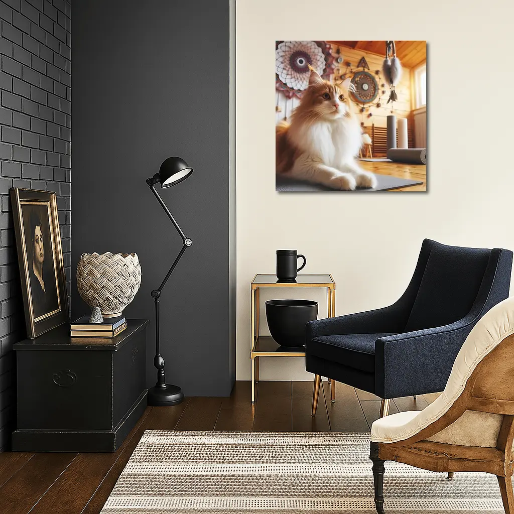 Fluffy Cat Relaxing in Boho Yoga Studio – Wall Art