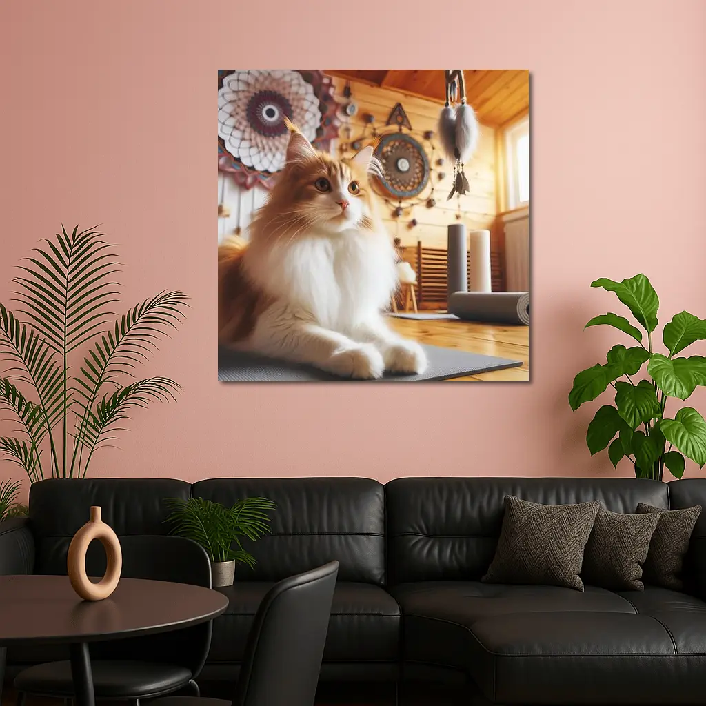 Fluffy Cat Relaxing in Boho Yoga Studio – Wall Art