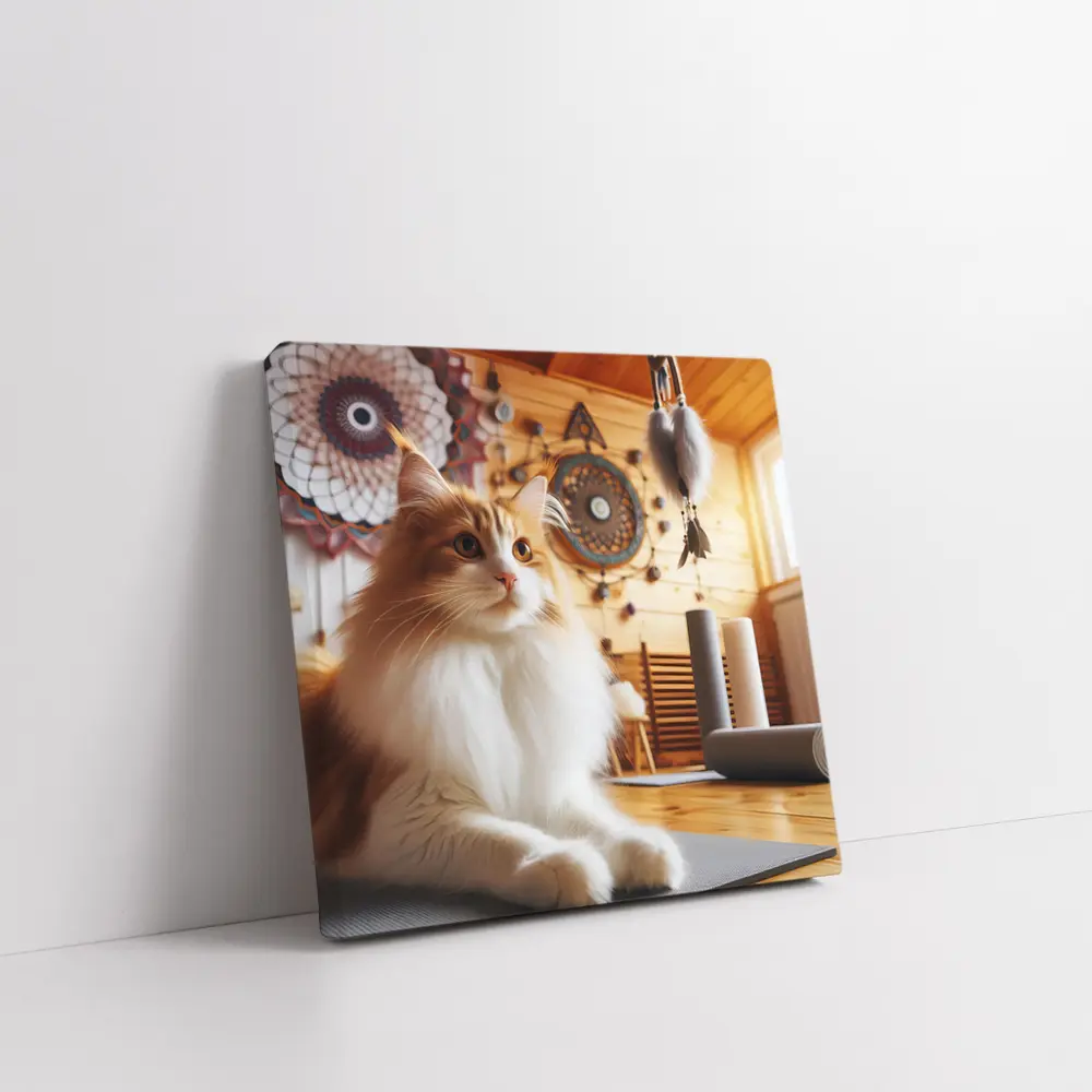 Fluffy Cat Relaxing in Boho Yoga Studio – Wall Art