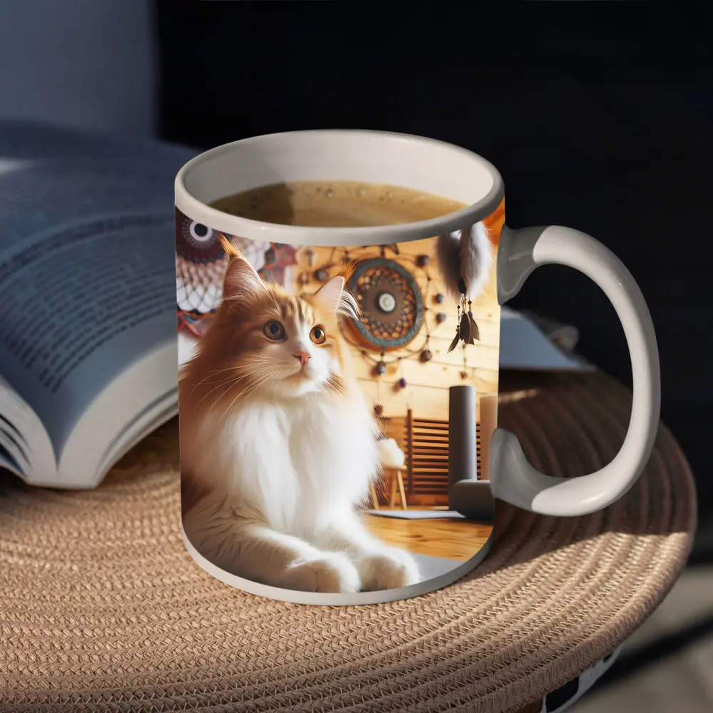Fluffy Cat Relaxing in Boho Yoga Studio – Mugs
