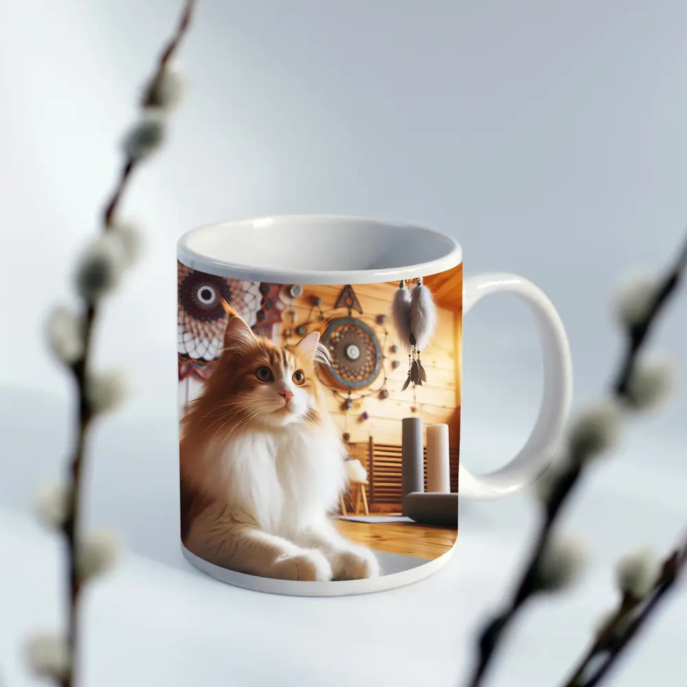 Fluffy Cat Relaxing in Boho Yoga Studio – Mugs