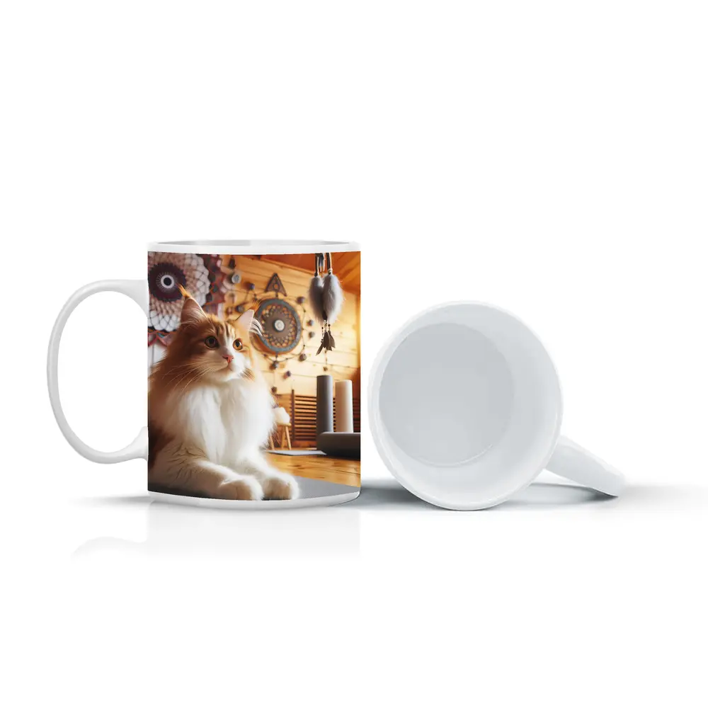 Fluffy Cat Relaxing in Boho Yoga Studio – Mugs