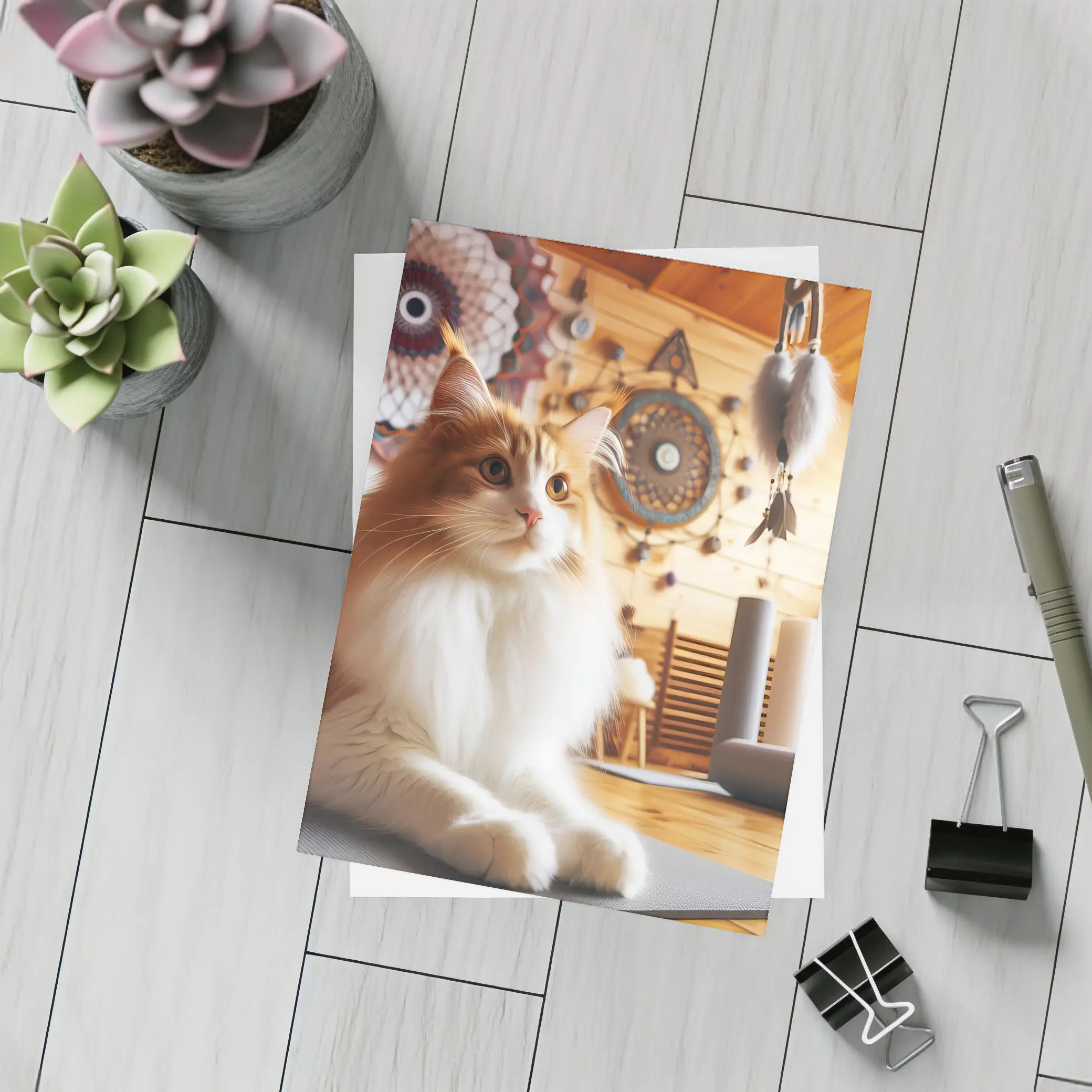 Fluffy Cat Relaxing in Boho Yoga Studio – Postcards