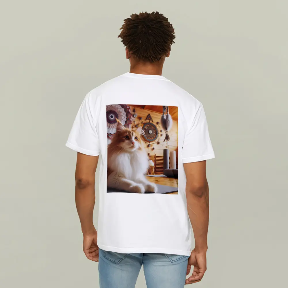 Fluffy Cat Relaxing in Boho Yoga Studio – T-Shirts