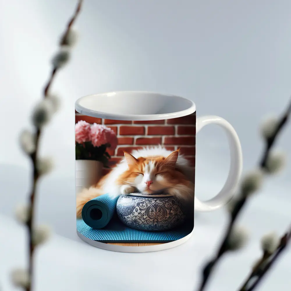 Sleeping Orange Cat Yoga Mat Brick Wall – Mugs