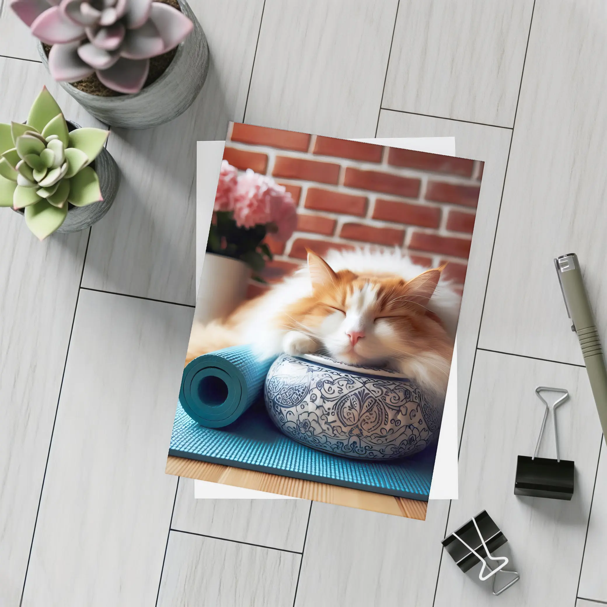 Sleeping Orange Cat Yoga Mat Brick Wall – Postcards