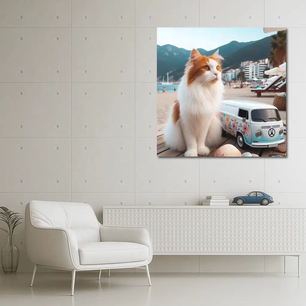 Turkish Van Cat Beach Retro Floral Van – Wall Art