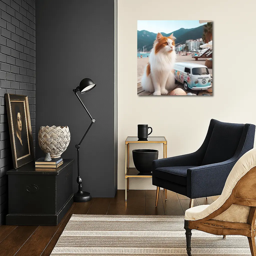 Turkish Van Cat Beach Retro Floral Van – Wall Art